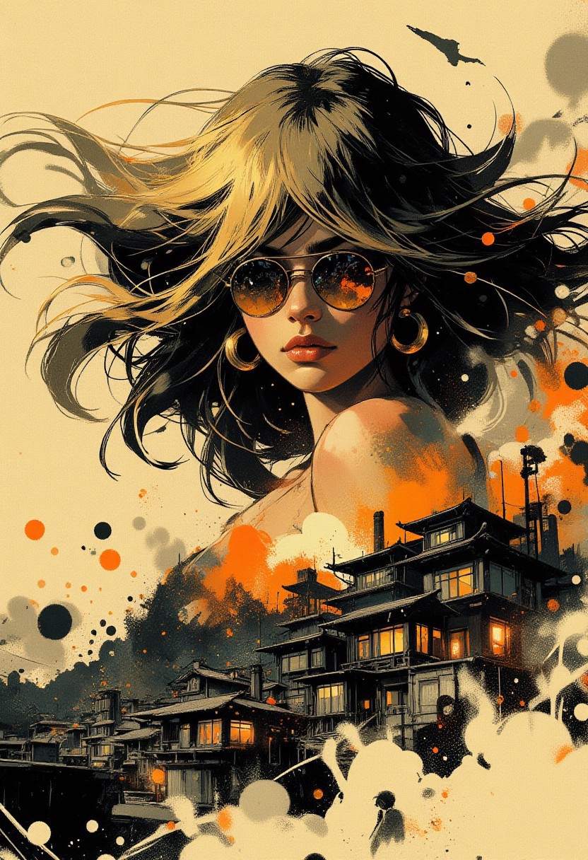 in the style of ck-mgs, nistyle, Special Ink-drawing mode, intricate linework with expressive contrasts, Mh1$AgThS2, Inkplash art on rice paper, sepia, henna , Silhouette Art, magnificent, inksplash closeup portrait of stunning japanese woman, blonde hair, mirrorred aviator sunglasses reflecting a seaside town