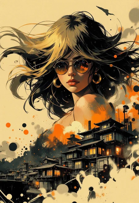 in the style of ck-mgs, nistyle, Special Ink-drawing mode, intricate linework with expressive contrasts, Mh1$AgThS2, Inkplash art on rice paper, sepia, henna , Silhouette Art, magnificent, inksplash closeup portrait of stunning japanese woman, blonde hair, mirrorred aviator sunglasses reflecting a seaside town