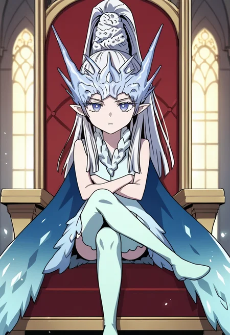 score_9, score_8_up, score_7_up, source_anime,anime screencap, anime coloring,intricate details,rating_safe, masterpiece, best quality,
(best quality, absurd res, ultra detailed),1girl, ((solo)), good eyes,perfect eyes,,detailed eyes, ,detailed, detailed face,<lora:add-detail-xl:3>,
BREAK
<lora:FrostQueen:1>, FrostQueen, 1girl, pointy ears, long hair, white hair, ponytail, ice wings, ice dress, blue eyes, ice mask, ice thighhighs,
BREAK
throne,sitting,crossed legs