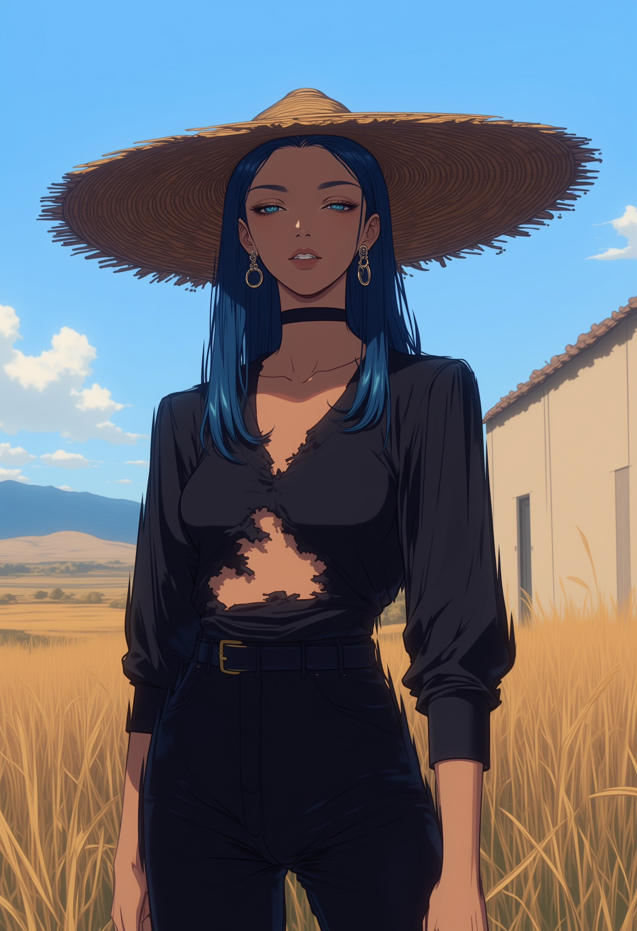 <lora:NeonFantasyPrimeFLUX-000049:0.8> ne0nfant4sy,
an image of a young woman with a slender build, wearing a large straw hat that casts a shadow over her face. her skin is a medium tan, and she has long, straight, blue hair that flows past her shoulders. she is dressed in a dark, torn, long-sleeved shirt, revealing a torn piece of fabric over her chest, and a pair of high-waisted, dark pants. her expression is neutral, with a hint of solemnity. she wears a black choker around her neck and a silver hoop earring in her left ear. behind her, there is a rural setting with a beige building on the right, a clear blue sky, and a distant range of mountains. tall, golden-brown grasses sway in the breeze, and the lighting suggests it's late afternoon or early evening. the overall atmosphere is serene yet slightly somber due to her attire and the natural setting.