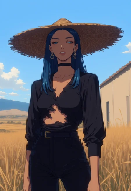 <lora:NeonFantasyPrimeFLUX-000049:0.8> ne0nfant4sy,
an image of a young woman with a slender build, wearing a large straw hat that casts a shadow over her face. her skin is a medium tan, and she has long, straight, blue hair that flows past her shoulders. she is dressed in a dark, torn, long-sleeved shirt, revealing a torn piece of fabric over her chest, and a pair of high-waisted, dark pants. her expression is neutral, with a hint of solemnity. she wears a black choker around her neck and a silver hoop earring in her left ear. behind her, there is a rural setting with a beige building on the right, a clear blue sky, and a distant range of mountains. tall, golden-brown grasses sway in the breeze, and the lighting suggests it's late afternoon or early evening. the overall atmosphere is serene yet slightly somber due to her attire and the natural setting.