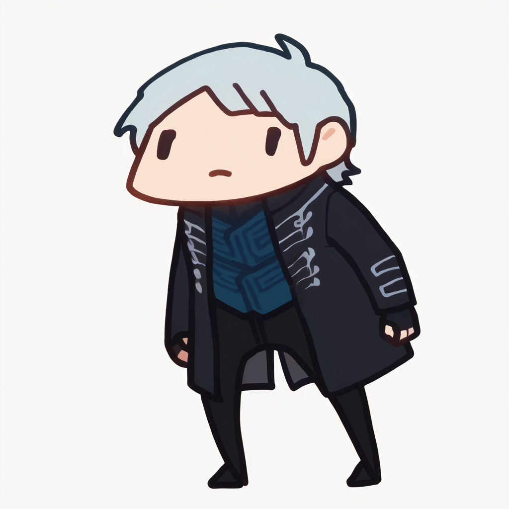 score_9, score_7_up, <break> chibi, simple background, white background, full body, solo, male focus, 1boy, dmc5vergil, serious, standing, black eyes, dot eyes, black coat, fingerless gloves, black pants
