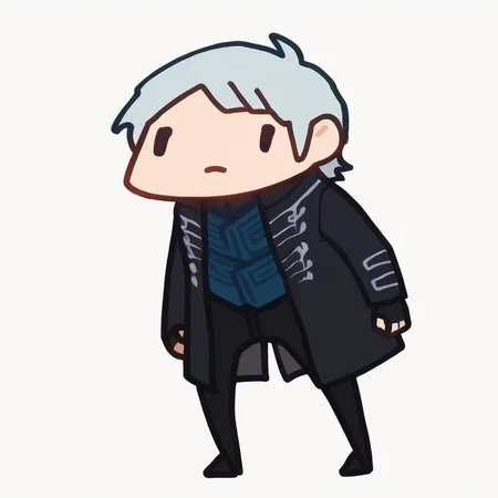 score_9, score_7_up, <break> chibi, simple background, white background, full body, solo, male focus, 1boy, dmc5vergil, serious, standing, black eyes, dot eyes, black coat, fingerless gloves, black pants