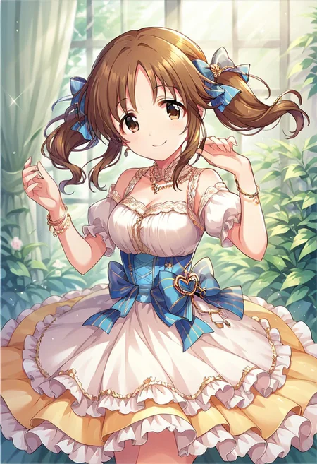 score_9, score_8_up, score_7_up, source_anime,totoki airi, brown hair, brown eyes, twintails, 1girl, dress, smile, jewelry, bracelet, bow, hair bow