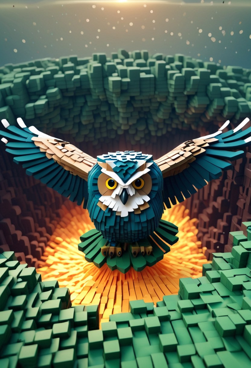 lazypos, flying bird owl in voxelized world, voxel explosion in background, funny theme, 4k