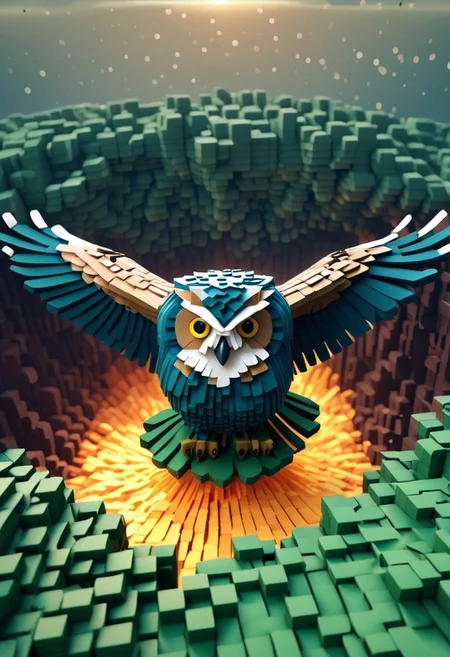 lazypos, flying bird owl in voxelized world, voxel explosion in background, funny theme, 4k