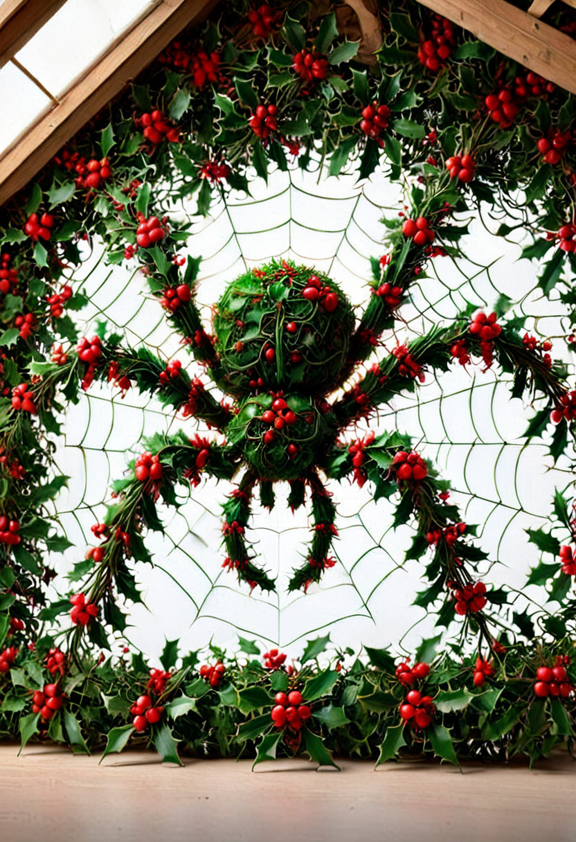 M1STL3T03, (medium full shot) of a spider made of holly mistletoe, webs, set in an attic, house, , best quality, masterpiece