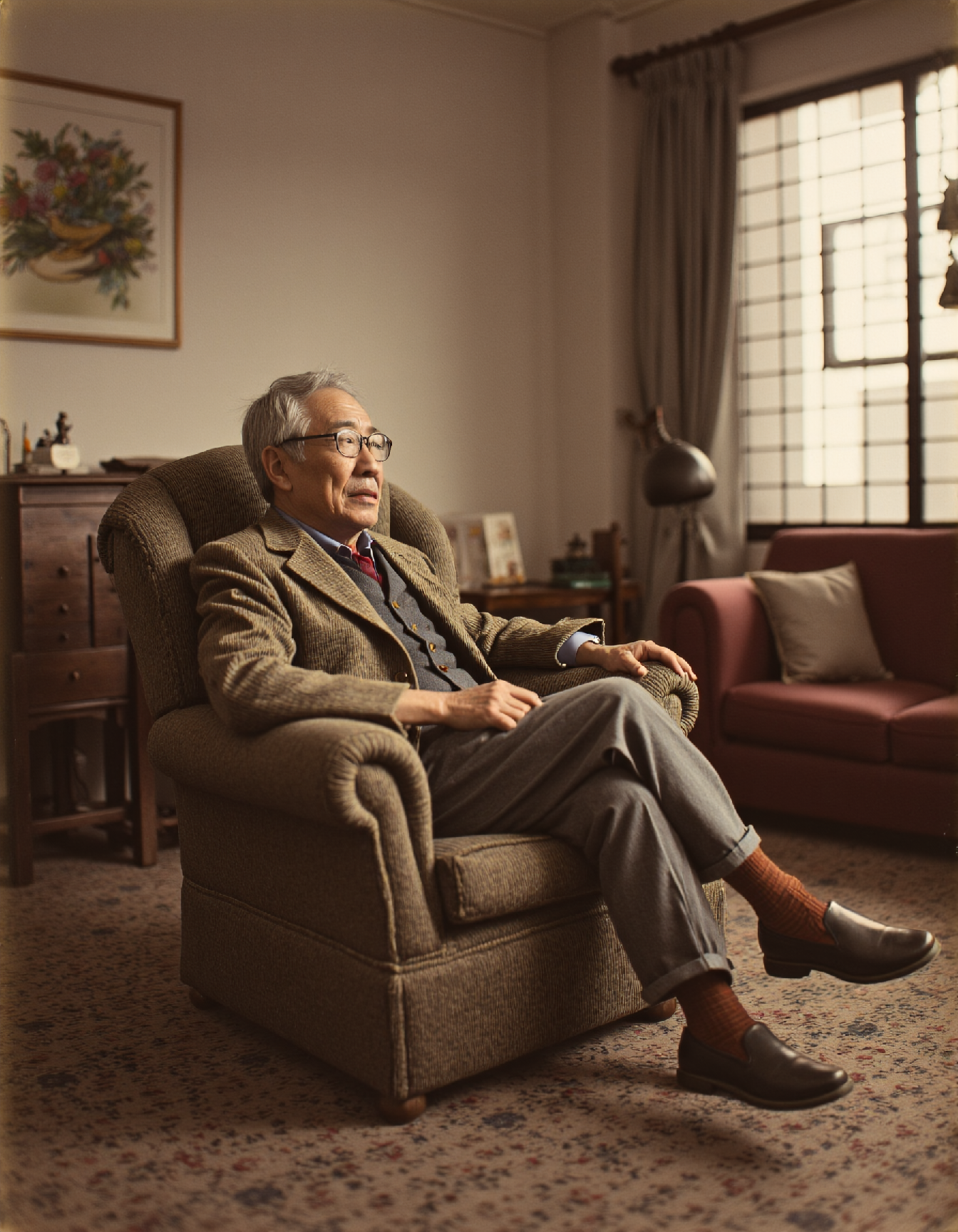 OldJapan style photo of an old man sitting in an armchair in a cozy living room