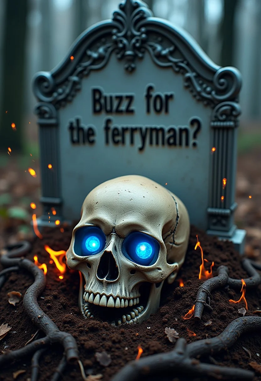 A human skull resting on a mound of dirt and intertwined in roots and clumps of dirt, blue glowing orbs setting within the eye sockets, sparks and embers floating through the air. A large fancy grave stone in the back with text the says "Buzz for the ferryman?"