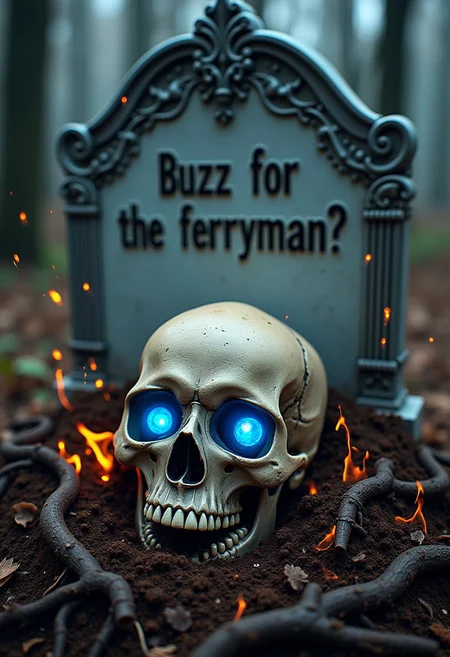A human skull resting on a mound of dirt and intertwined in roots and clumps of dirt, blue glowing orbs setting within the eye sockets, sparks and embers floating through the air. A large fancy grave stone in the back with text the says "Buzz for the ferryman?"
