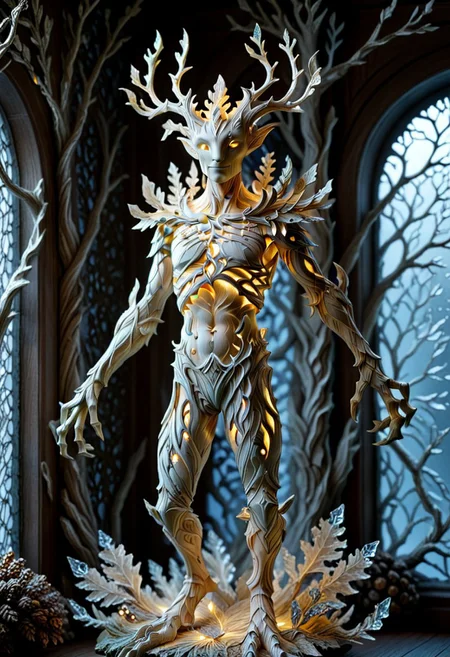 A photorealistic image of a majestic Spriggan figure,
crystalstexture skin,(extremely delicate and beautiful), highly detailed, WhiteMold, art style, 3d printed mold, 
intricate details, dramatic composition, contrast, texture, realism, high quality, stunning art, film grain, volumetric lighting, detailed, 
background is cozy room,
