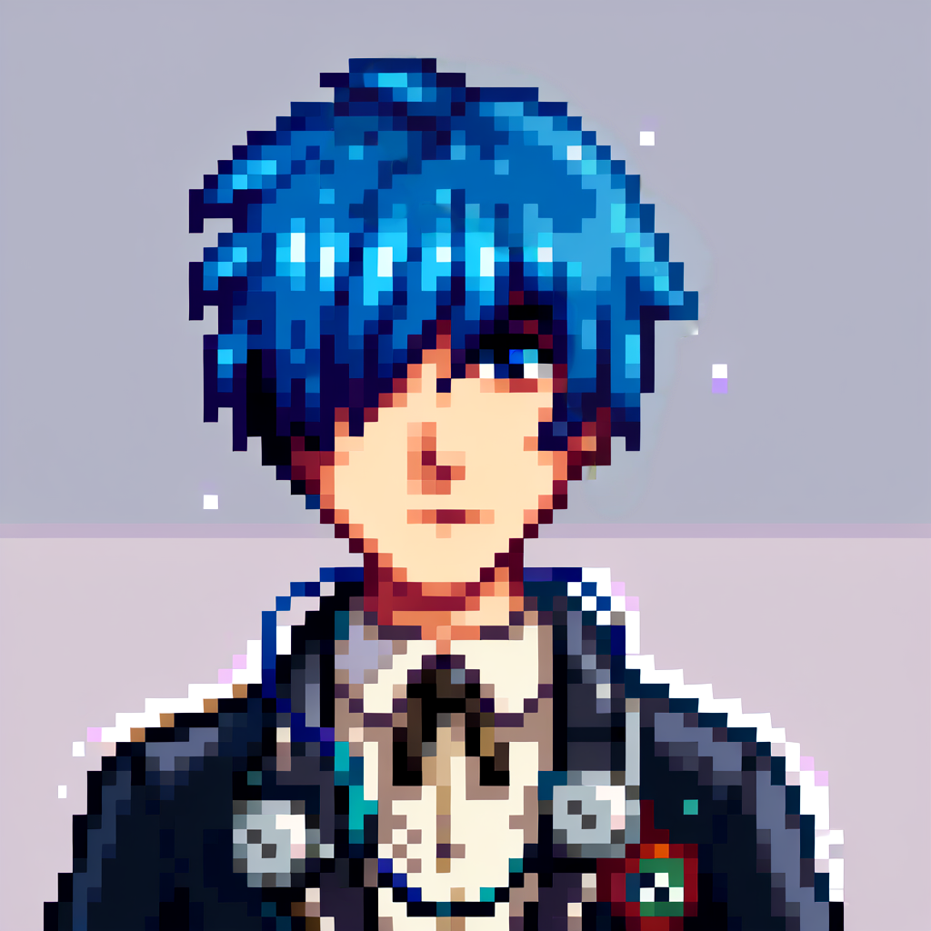 score_9, score_8_up, score_7_up, source_anime, BREAK, solo, 1boy, looking at viewer, <lora:Stardew-Valley-Portraits-pdxl_Fp:1>, portrait, simple background, pixel art, white background, <lora:MakotoP3-pdxl_Fp:1>, makotop3, school uniform, gekkoukan high, headphones, blue hair, blue eyes, short hair, black jacket, black pants, hair over one eye, frown,