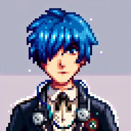 score_9, score_8_up, score_7_up, source_anime, BREAK, solo, 1boy, looking at viewer, <lora:Stardew-Valley-Portraits-pdxl_Fp:1>, portrait, simple background, pixel art, white background, <lora:MakotoP3-pdxl_Fp:1>, makotop3, school uniform, gekkoukan high, headphones, blue hair, blue eyes, short hair, black jacket, black pants, hair over one eye, frown,