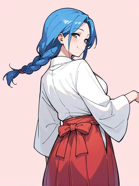 score_8_up, score_7_up, score_6_up, source_anime, 1girl, solo, simple background, pink background,
standing, pose, contrapposto, arched back, cowboy shot, from behind
smile, mature female
miko, red hakama
<lora:Miko:1>