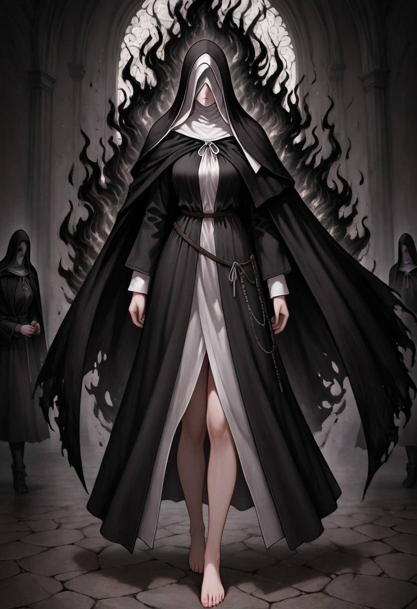 masterpiece, best quality, newest, absurdres, highres, , black fire, fire, flame, 
1girl, siiesfrtdeer, covered eyes, habit, nun, black coif, hood up, black veil, black dress, long sleeves, black hooded cloak, barefoot, black fire, solo, solo focus,