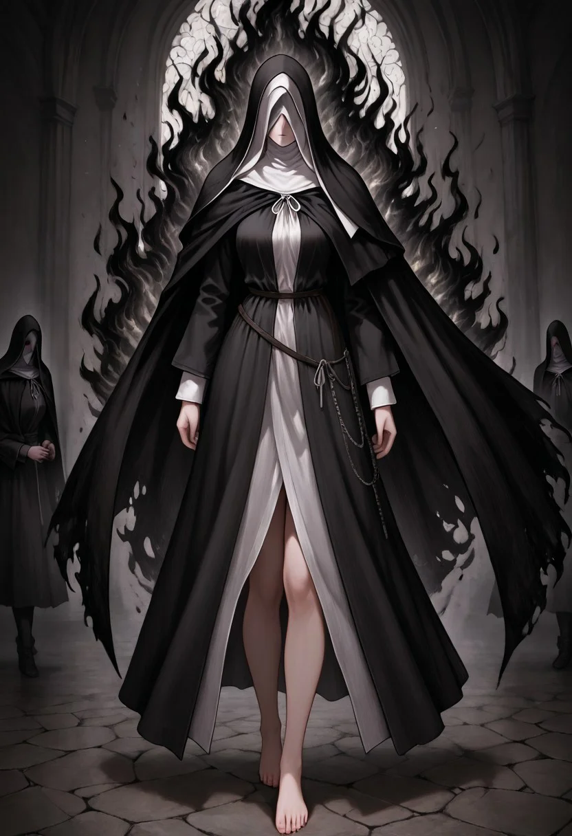 masterpiece, best quality, newest, absurdres, highres, , black fire, fire, flame,
1girl, siiesfrtdeer, covered eyes, habit, nun, black coif, hood up, black veil, black dress, long sleeves, black hooded cloak, barefoot, black fire, solo, solo focus,