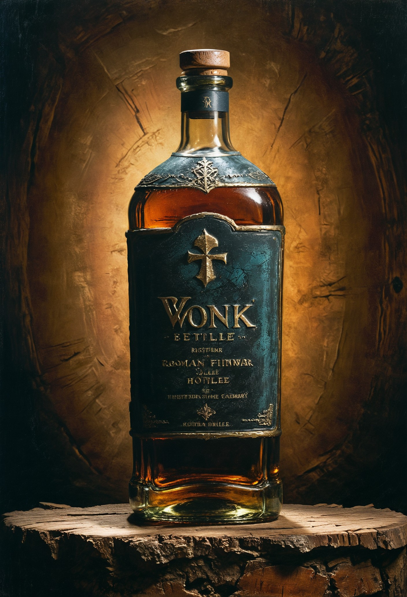 realistic photo of a (ancient bottle, round bottle:1.1), oak wood shelves, redwood, vivacious,  bold lines, hyper detailed, award winning, high contrast, depth of field, (intricate details, masterpiece, best quality), dramatic cinematic lighting, whiskey bottle, cosmic energy label, imperial hue, roman style, golden engraving  <lora:add-detail-xl:0.7> <lora:xl_more_art-full_v1:0.7>  <lora:Desolation:0.5> <lora:sinfully_stylish_sdxl:0.5>