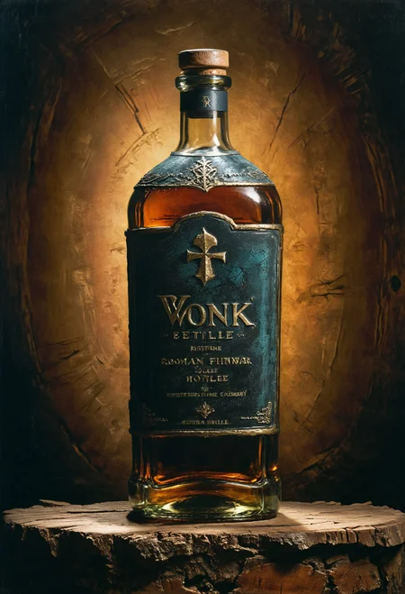 realistic photo of a (ancient bottle, round bottle:1.1), oak wood shelves, redwood, vivacious,  bold lines, hyper detailed, award winning, high contrast, depth of field, (intricate details, masterpiece, best quality), dramatic cinematic lighting, whiskey bottle, cosmic energy label, imperial hue, roman style, golden engraving  <lora:add-detail-xl:0.7> <lora:xl_more_art-full_v1:0.7>  <lora:Desolation:0.5> <lora:sinfully_stylish_sdxl:0.5>