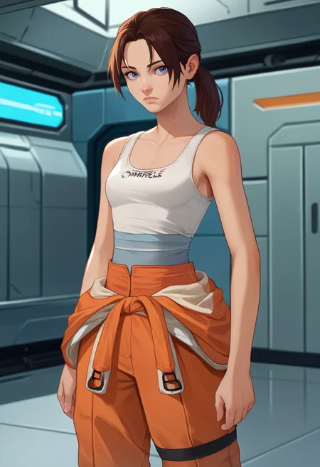 score_9, score_8_up, score_7_up, source_anime, solo, 1girl, chell, expressionless, looking at viewer, standing, ponytail, white tank top, clothes round waist, orange jumpsuit, science fiction, indoors <lora:portal_chell_ponyXL:1>