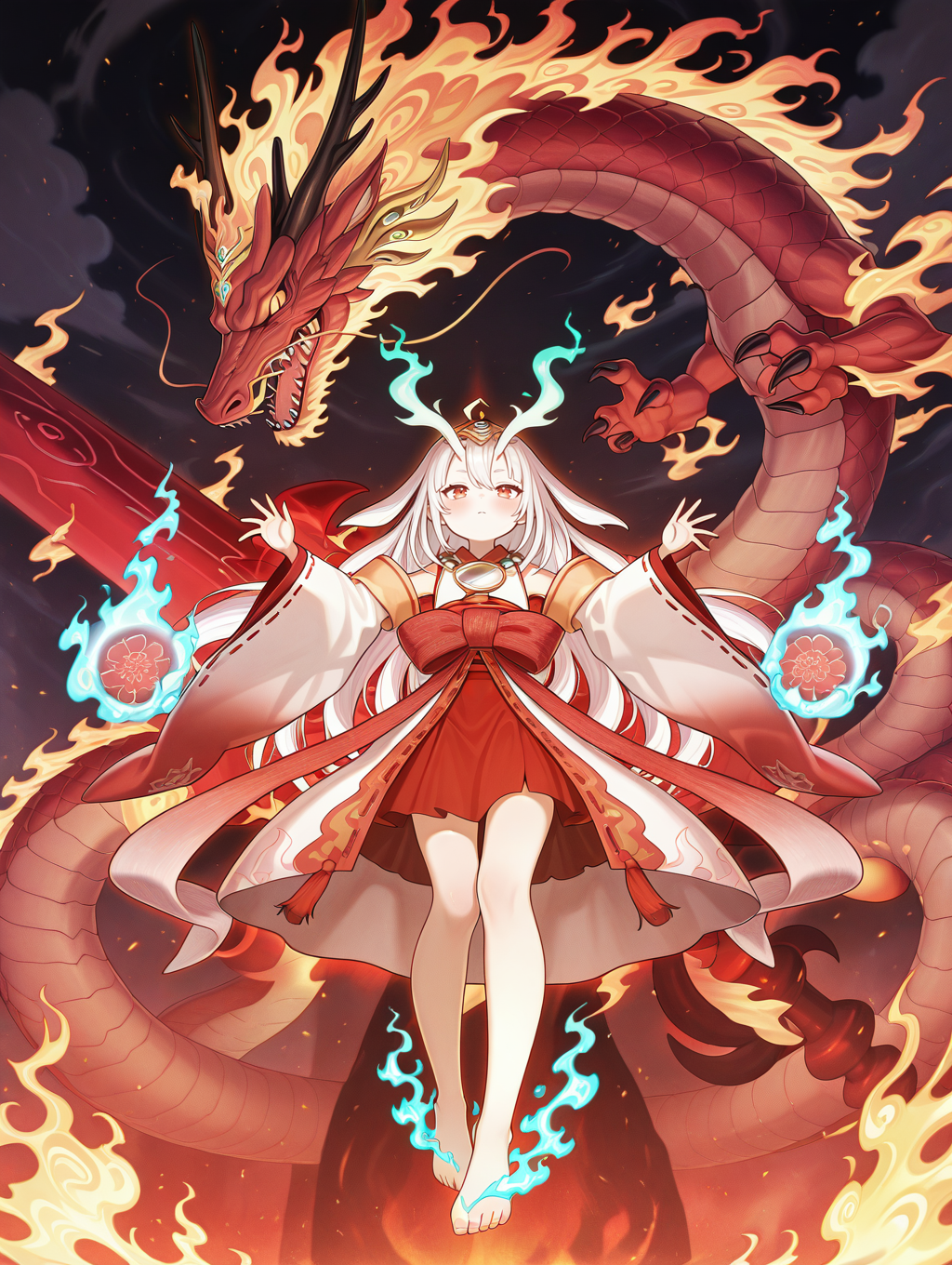 oni girl,kurikara divincarnate,1girl,red eastern dragon,solo,flat chest,floating gigantic sword,full body,blush,closed mouth,open hands,white ribbon-trimmed sleeves,hands up,white sleeveless kimono,gold headpiece,mirror necklace,red bow,red hakama,blue fire,1other,from below,sharp teeth,fire,barefoot,
masterpiece,best quality,amazing quality,very aesthetic,absurdres,newest,<lora:Kurikara Divincarnate illuXL v1:0.84>,
