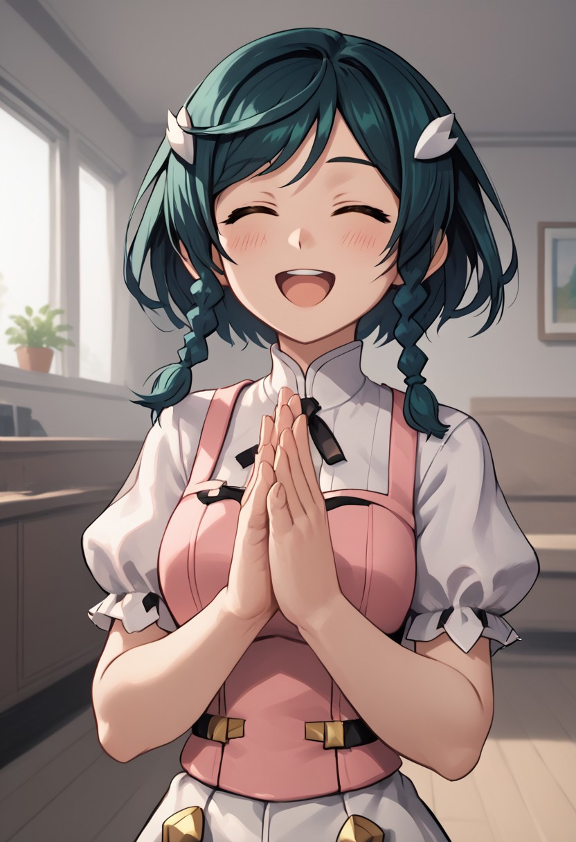 score_4,score_5,score_6,score_7_up,score_8_up,score_9
((masterpiece,best quality,ultra detailed,highres,HD,4k:1.2)),
1 cute girl,
upper body,1girl, solo, medium hair, dark green hair, braids, two braids, yellow eyes,  pink top, ribbon on clothes,white pants skirt, pantyhose, black footwear, boots, white shirt, short sleeves, puffy sleeves, hair ornament,
room, living room, open mouth,closed eyes, blush, happy, smile, put your hands together,