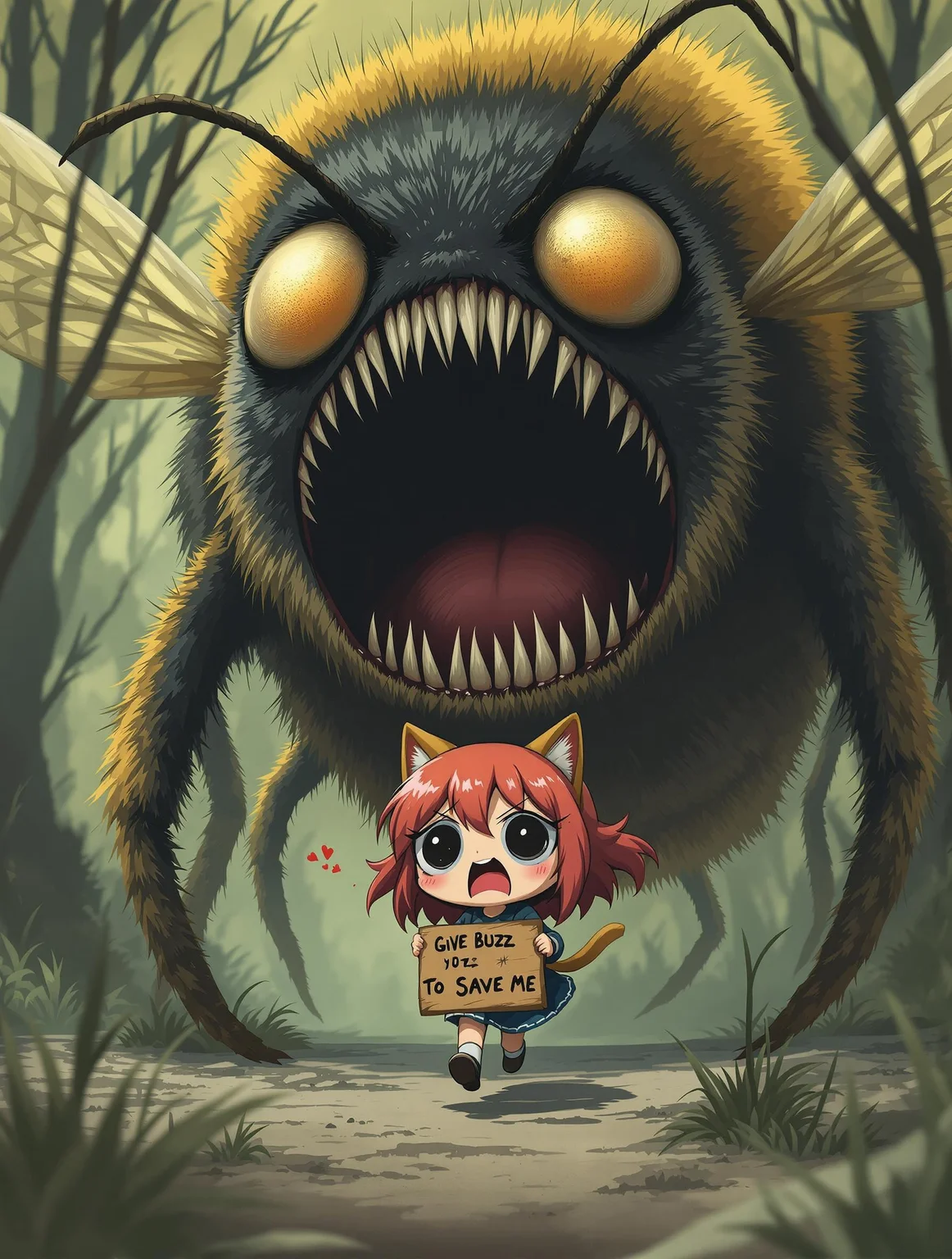 A giant bee horror face open big mouth behind a chibi anime red hair cat girl, the cat girl fear and cry face running and take a sign with two hands write ' Give Buzz To Save Me '