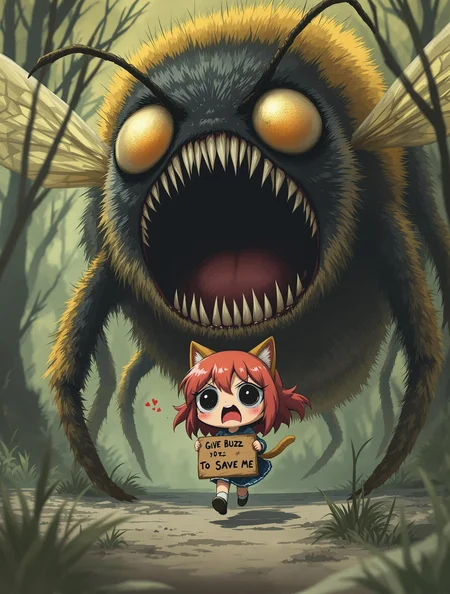 A giant bee horror face open big mouth behind a chibi anime red hair cat girl, the cat girl fear and cry face running and take a sign with two hands write ' Give Buzz To Save Me '