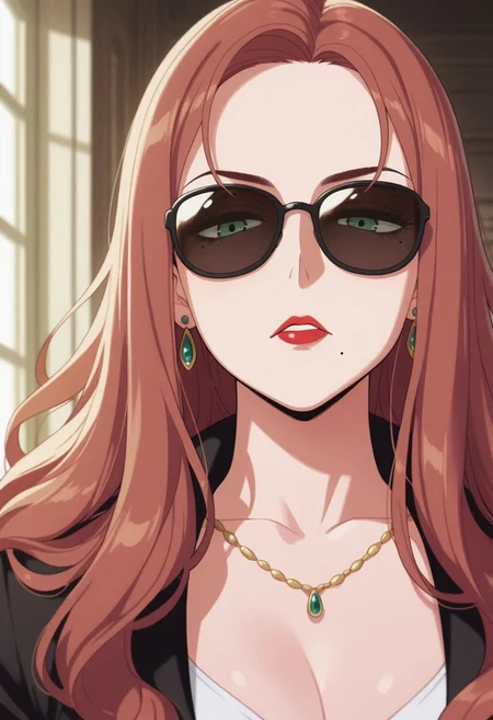 masterpiece,best quality,amazing quality, sylvia sherwood, long hair, reddish-brown hair, green eyes, 1girl, sunglasses, mole, solo, lipstick, jewelry, earrings, makeup, mole under mouth, red lips