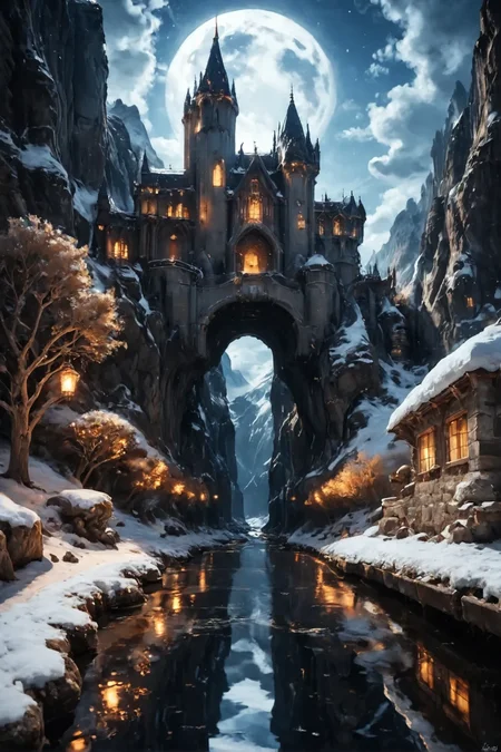 score_9, score_8_up, score_7_up,moon Night
scenery, outdoors, tree, no humans, sky, day, reflective water, snow, cloud, blue sky, water, building, winter, bridge, bare tree, river, mountain, Castle, winter, reflection, Iced river, high detailed , extremely detailed, caustics, dynamic lighting, fisheye lens, hyperrealistic, no humans, very wide shot, moon Night
<lora:cfg_scale_boost:0.4>, from below <lora:landscapes:0.6>