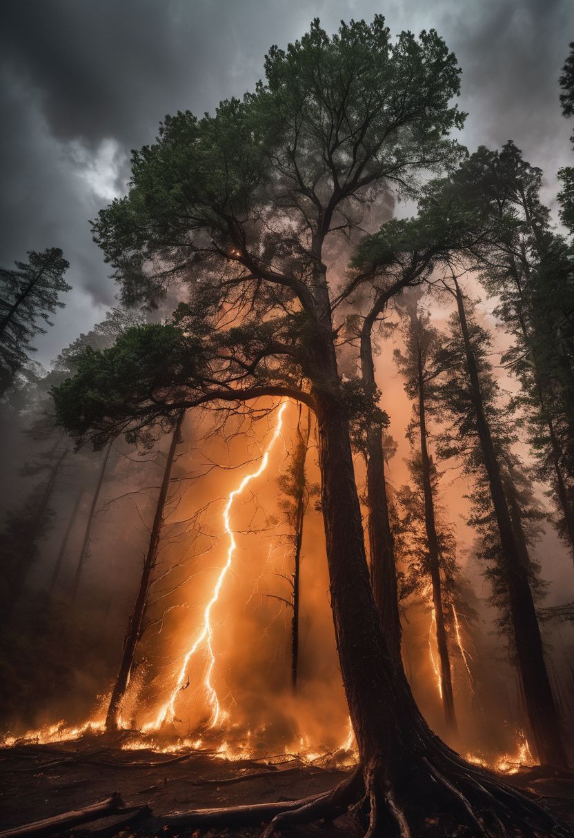 A breathtaking and awe-inspiring scene of a heavy storm in the middle of a dense forest. The sky is dark and ominous, with clouds looming low, almost touching the treetops. The pouring rain paints the ground and foliage with a sheet of water, creating a mesmerizing sight as it cascades down the trunks and branches. The strong winds howl through the trees, rustling their leaves and causing them to dance wildly in the air. In the distance, a brilliant flash of lightning illuminates the sky, followed by a deafening crack of thunder. The lightning strikes a massive tree in the center of the forest, causing it to explode into a fiery inferno. The flames leap high into the air, igniting the surrounding group of trees, which are now engulfed in an uncontrollable blaze. The intense heat and smoke rise up from the ground, creating a hazy, orange hue that contrasts starkly with the dark clouds above. The image is further enhanced by an insane level of intricate details, from the droplets of rain rolling down the tree trunks to the individual sparks flying through the air as the fire rages on. The depth of field is expertly controlled, bringing the blazing trees and their surroundings into sharp focus while maintaining a soft, artistic blur in the background, adding depth and dimension to the overall composition.