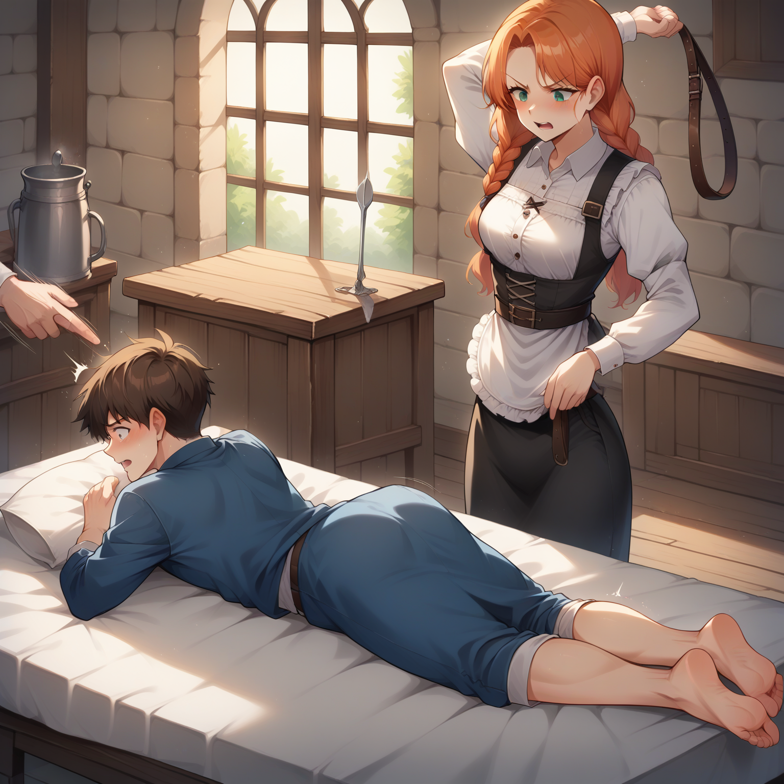 score_9, score_8_up, source_anime, highly detailed, lying spanking, medieval,  indoors, motion lines, <lora:layspanking_a4_v1:0.8>
1boy, mature, lying, lay on pillows, on stomach, pants pull, spanked, ass, red butt
1girl, maid uniform, frills, holding belt,
1girl, angry, twin braid, orange hair, looking down,
1boy,  surprised, blush, crying, open mouth, very short hair, brown hair