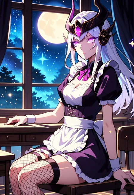 score_9_up, score_8_up, score_7_up, source_Syndra, sitting on a chair, (short maid dress, sexy maid dress, fishnet thight stockings), masterpiece, perfectly detailed, detailed face, detailed background, 1girl, BREAK, glowing white hair,
window, monitor, night view, night, stars, glitter, sparkles, mist, dramatic lighting, glowing eyes, purple eyes, full moon