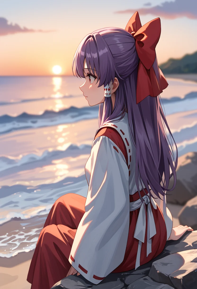 score_9_up, score_8_up, score_7_up, BREAK source_anime, (masterpiece), (best quality), 1girl, solo, hakurei reimu (pc-98), hair bow, japanese clothes, long hair, red bow, hair tubes, purple hair, blurry background, face away, from side, sunset, beach, sitting on a rock, <lora:Hakurei_reimu(PC-98)-V1:1>