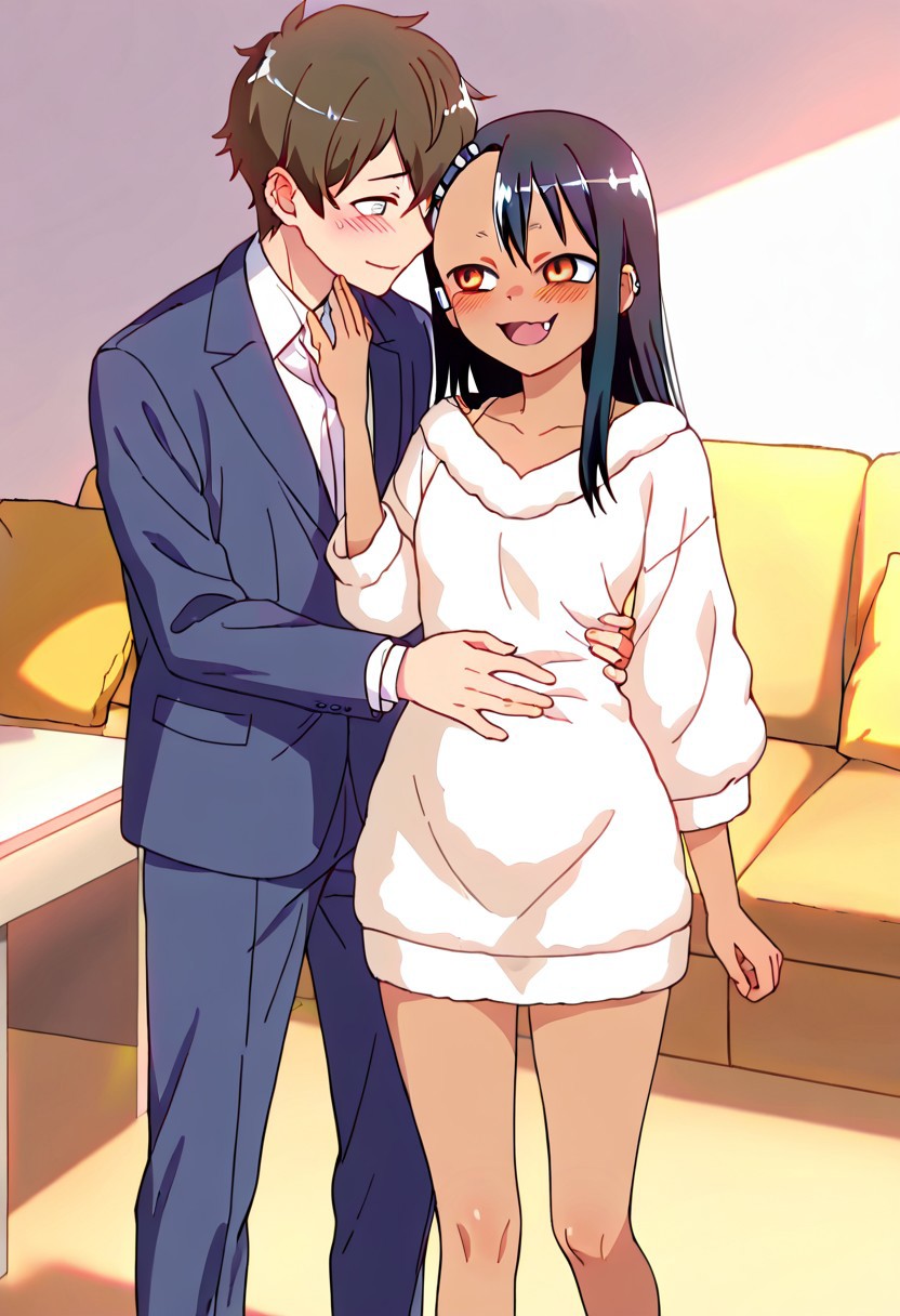 <lora:nagatoro_hayase:1> nagatoro hayase, dark-skinned female, 1girl,solo, yellow eyes, long hair, office lady, 1girl (Hayase Nagatoro) and 1boy (her Senpai), standing together in a cozy living room. Nagatoro is wearing an oversized wool sweater as a dress, with bare legs. Her expression is soft and affectionate, looking lovingly at Senpai. Senpai is wearing a neat formal suit and gently holding her hand or touching her belly. The two share a tender, emotional moment. Warm indoor lighting, original anime style, high detail, soft colors, cozy atmosphere, 'Don't Toy With Me, Miss Nagatoro'.