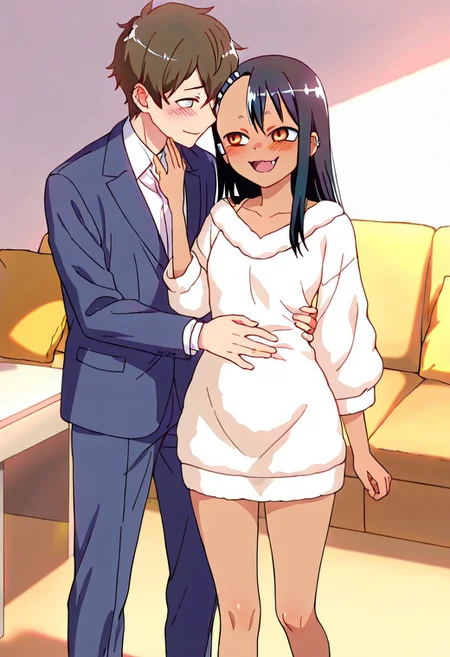 <lora:nagatoro_hayase:1> nagatoro hayase, dark-skinned female, 1girl,solo, yellow eyes, long hair, office lady, 1girl (Hayase Nagatoro) and 1boy (her Senpai), standing together in a cozy living room. Nagatoro is wearing an oversized wool sweater as a dress, with bare legs. Her expression is soft and affectionate, looking lovingly at Senpai. Senpai is wearing a neat formal suit and gently holding her hand or touching her belly. The two share a tender, emotional moment. Warm indoor lighting, original anime style, high detail, soft colors, cozy atmosphere, 'Don't Toy With Me, Miss Nagatoro'.