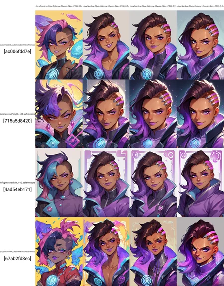 score_9, score_8_up, score_7_up, score_6_up, sombow-dh,
portrait, dark-skinned female, mole under eye, makeup, asymmetrical hair, multicolored hair,purple eyes, earrings, purple lips, nose, coat, short sleeves, elbow gloves, smug, holographic interface <lora:Sombra_Olivia_Colomar_Classic_Skin__PDXL:0.0>
