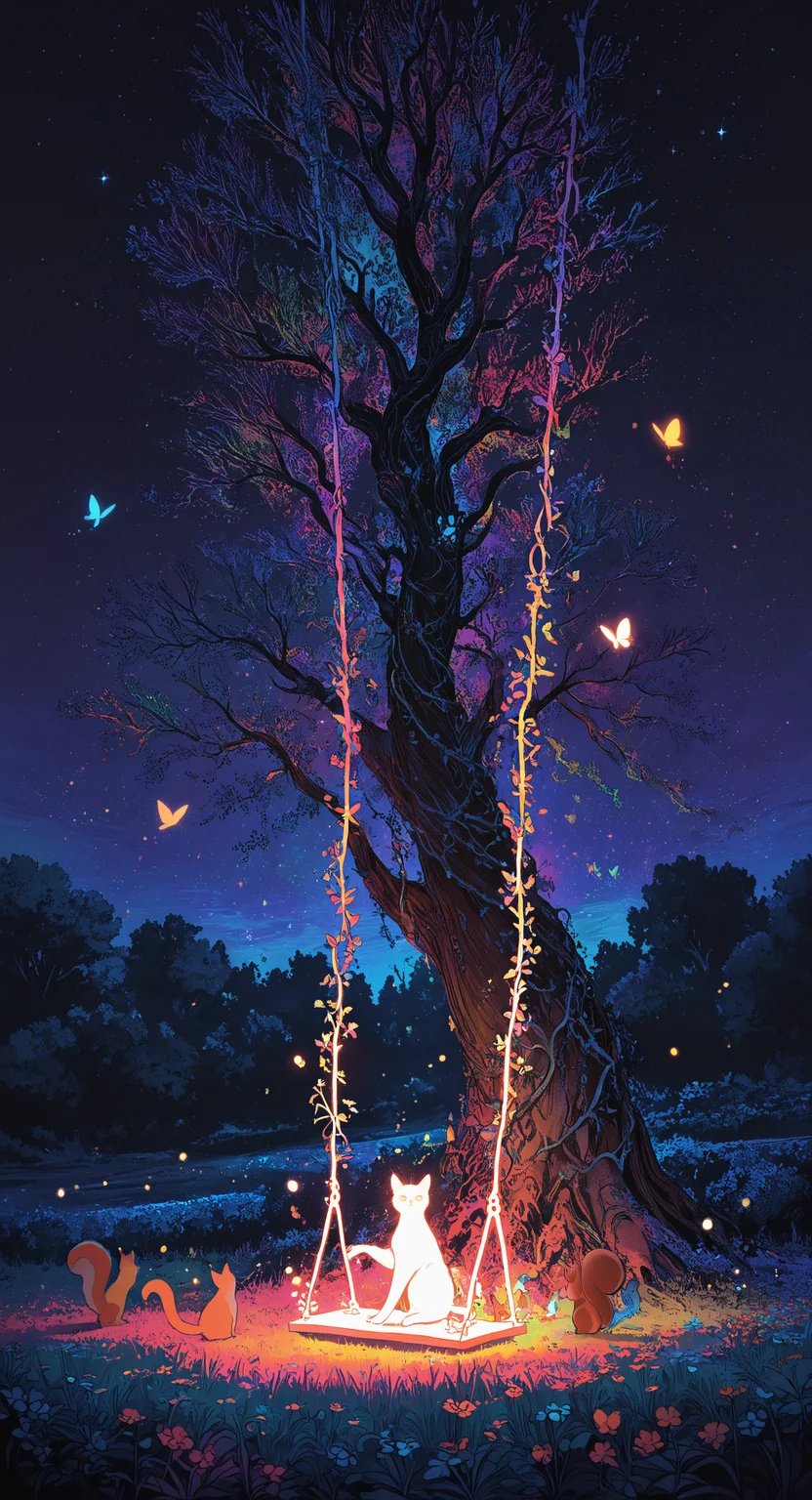 masterpiece, best quality, good quality, very awa, newest, highres, absurdres, sitting, flower, outdoors, tree, no humans, night, glowing, animal, cat, grass, plant, bug, star \(sky\), butterfly, scenery, nature, starry sky, bush, animal focus, creature, vines, colorful, squirrel, swing, fireflies, limited palette, sketch, glowing, psychedelic, <lora:illustriousXL_stabilizer_v1.23:0.3> <lora:NOOB_vp1_detailer_by_volnovik_v1:0.3> <lora:ponyv6_noobE11_2_adamW-000017:0.3> <lora:114558v4df2fsdf5:0.7> <lora:mon_monmon2133:0.6>