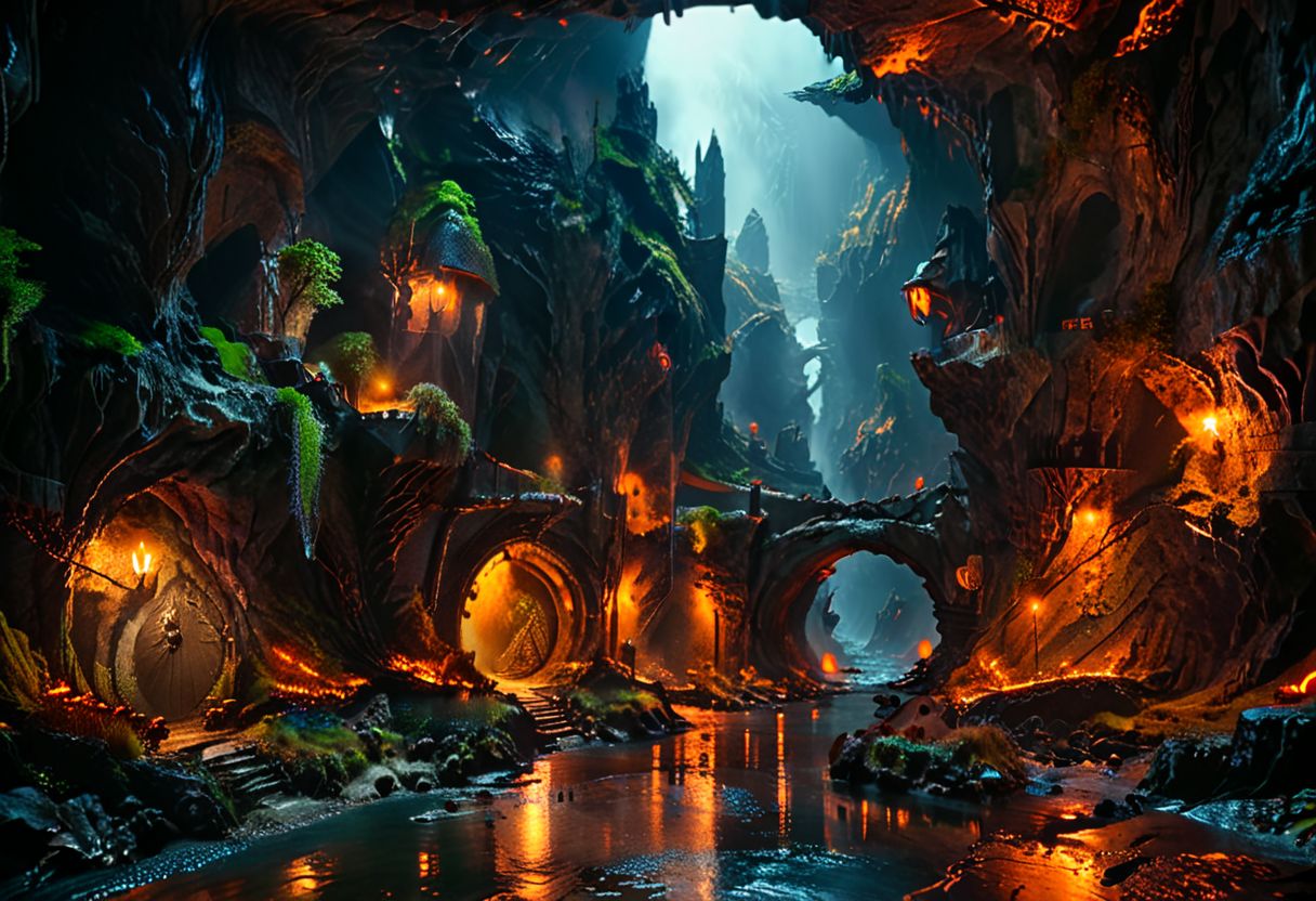 realistic, RAW,masterpiece, UHD, highly detailed,sharp image, extreme details, 8k resolution,OverallDetail,
The Lord of the Rings style,
An underground realm, underground city , medieval, subterranean rivers, fluorescent, dark atmosphere, low-key, magic light, anime style,