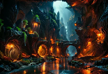 realistic, RAW,masterpiece, UHD, highly detailed,sharp image, extreme details, 8k resolution,OverallDetail,
The Lord of the Rings style,
An underground realm, underground city , medieval, subterranean rivers, fluorescent, dark atmosphere, low-key, magic light, anime style,