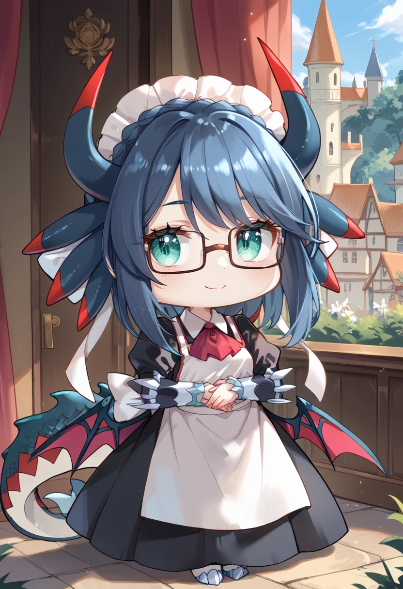 (score_9:0.9),score_8_up,score_7_up,rating_safe,anime style,(zPDXL),<lora:House Dragonmaid ponyXL v1:0.72>,house dragonmaid, 1girl, chibi, solo, glasses, maid dress, mob cap, smile, red ascot, own hands together, looking at viewer, closed mouth, maid headdress, silver fingerless gloves, low dragon wings, castle,