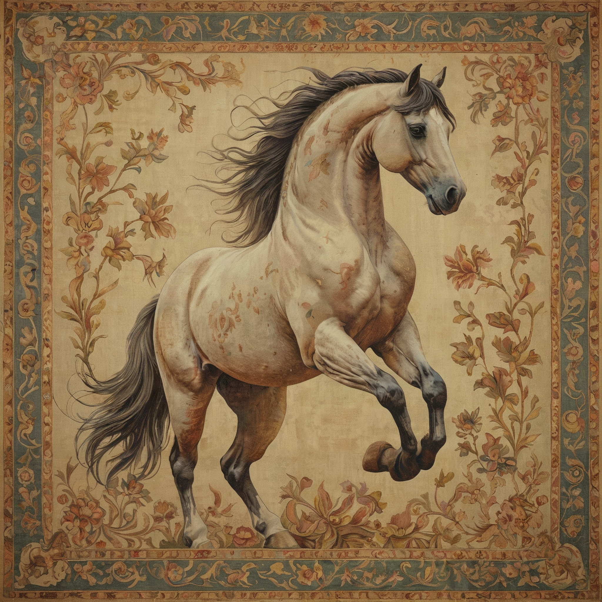 award winning photo, 

An ancient tapestry depicting a rearing horse in 3d, muted pastel colors, beautiful and detailed,
