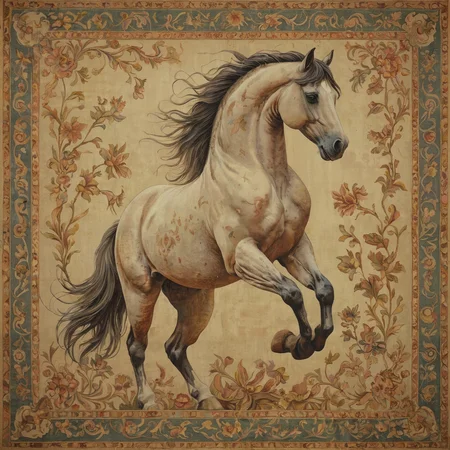 award winning photo, 

An ancient tapestry depicting a rearing horse in 3d, muted pastel colors, beautiful and detailed,
