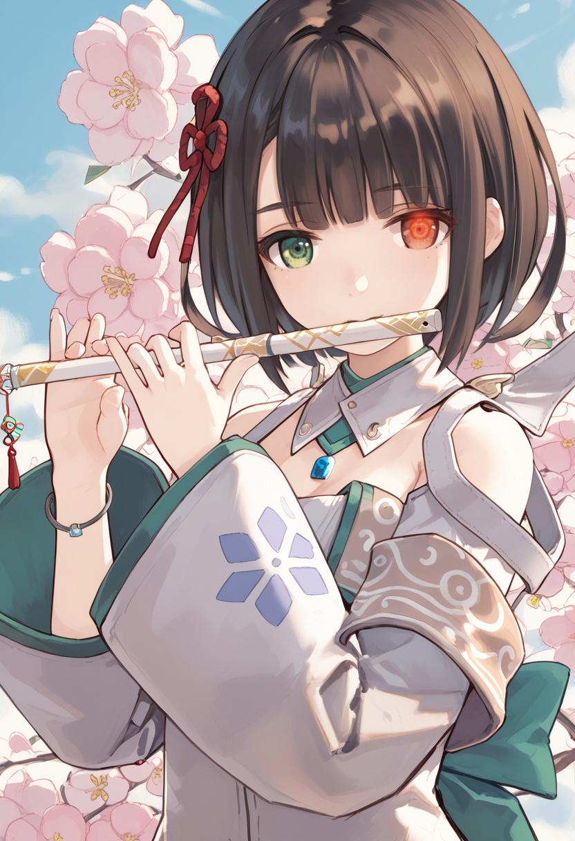 (score_9:0.9),score_8_up,score_7_up,rating_safe,anime style,(zPDXL),<lora:Xb3 miyabi ponyXL v1:0.85>,miyabi xb3,white detached sleeves,white dress,white detached collar,red hair ornament,1girl,solo,flute,playing flute,heterochromia,music,looking at viewer,holding,bracelet,holding instrument,upper body,glowing red eye,3d,game style,<lora:flute:0.7>,