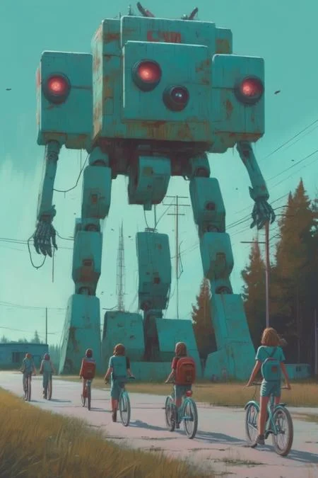 <lora:Simon Stalenhag:1>Simon Stalenhag - In summer 1983 in Fort Atkinson, WI, a group of teens wearing summer clothes from 1983 are riding or walking bicycles. In the background is a large abandoned futuristic machine, A high quality digital painting in the style of Tales From the Loop