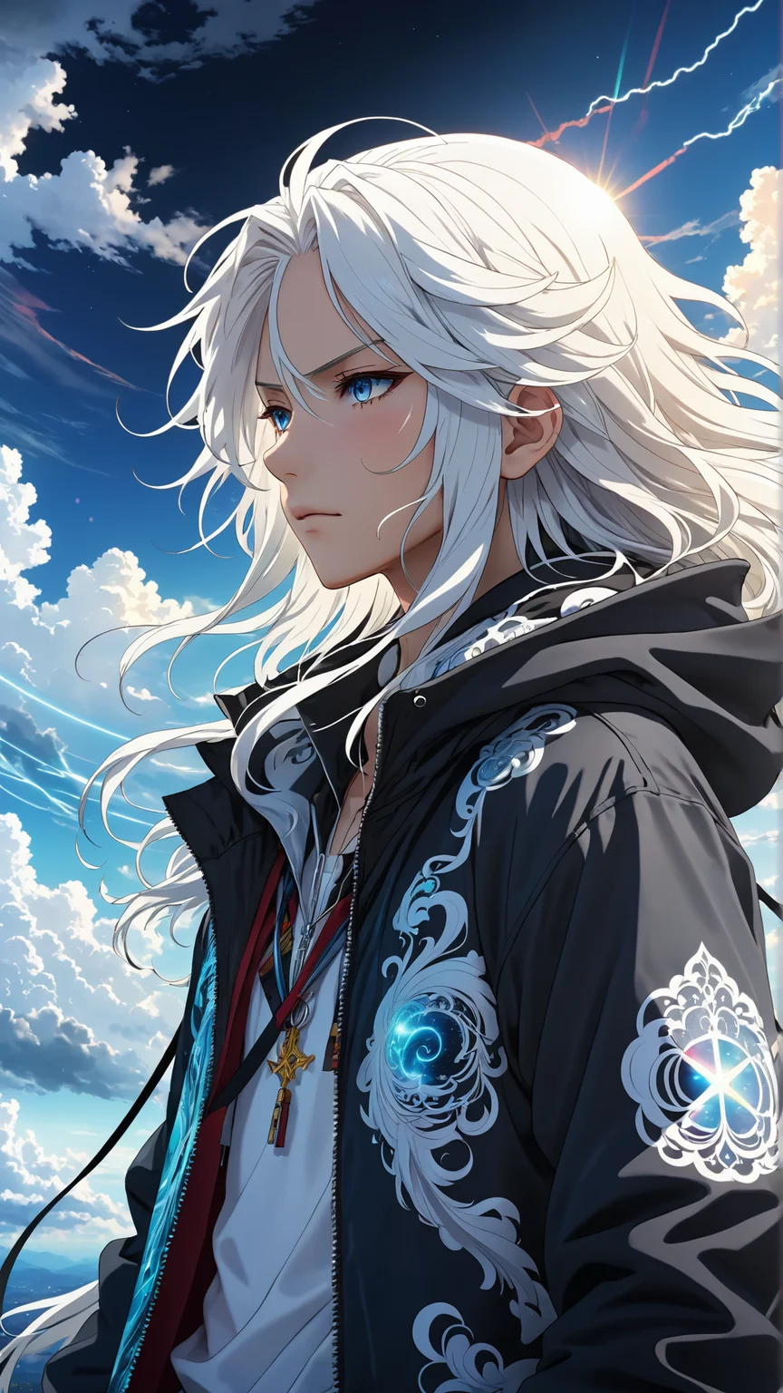 2D anime style, anime screencap, enigmatic character with flowing white hair and a hooded jacket adorned with cloud patterns, intricate details on the jacket and hair, hidden eyes creating a sense of mystery, dynamic and vibrant sky background with detailed clouds and bright sunlight, extreme detail and complexity, bold colors