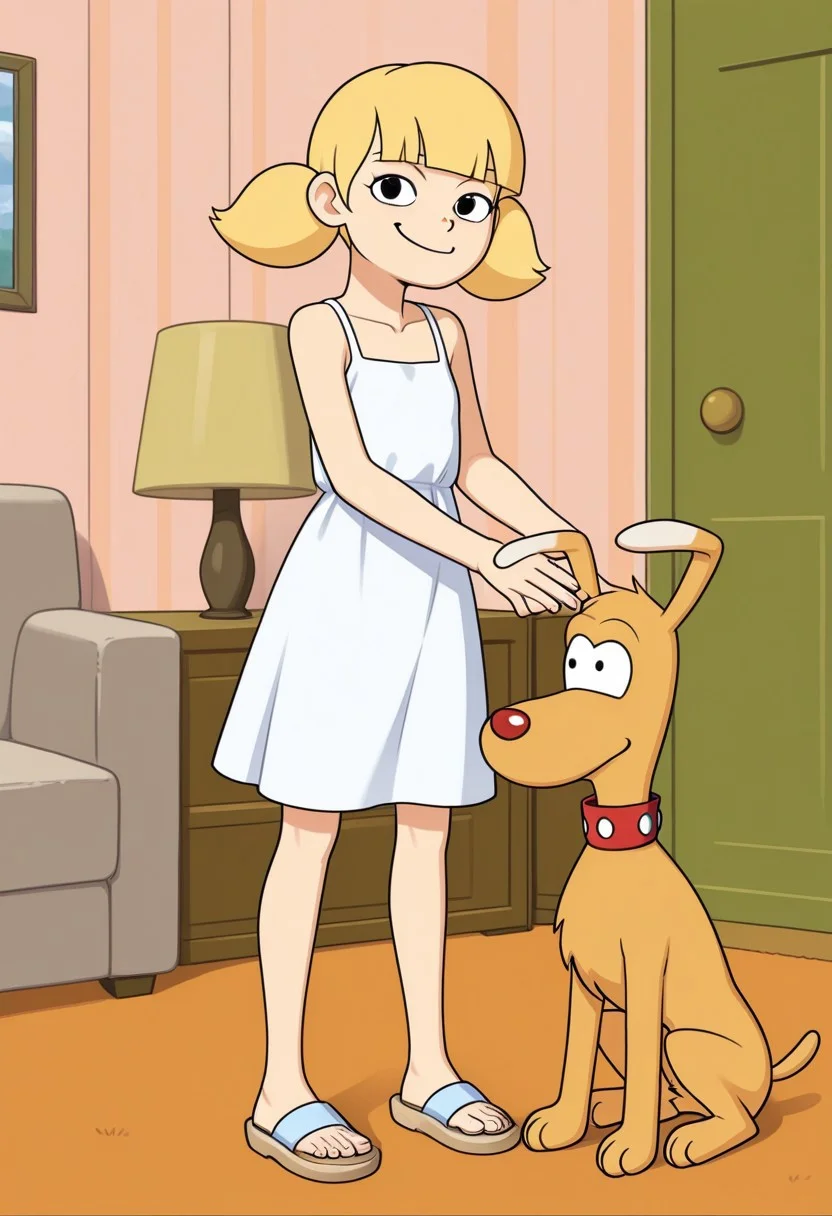 1girl, 1dog, score_7, score_8, score_9, interspecies couple girl with dog, 2d cartoon, shorty undersized skinny girl, well drawn, detailed,
Girl with short blonde hair, twintails,
Girl in white sundress, girl in sandals,
Male canine with brown fur, dog in dog collar,
Dog and girl,
Living room interior background,
Smirking smile,
Couple posing against viewer,
