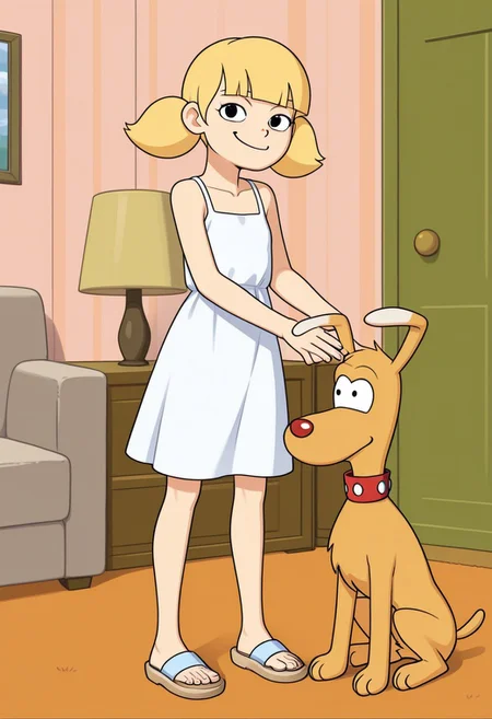 1girl, 1dog, score_7, score_8, score_9, interspecies couple girl with dog, 2d cartoon, shorty undersized skinny girl, well drawn, detailed, 
Girl with short blonde hair, twintails, 
Girl in white sundress, girl in sandals,
Male canine with brown fur, dog in dog collar,
Dog and girl,
Living room interior background,
Smirking smile,
Couple posing against viewer,