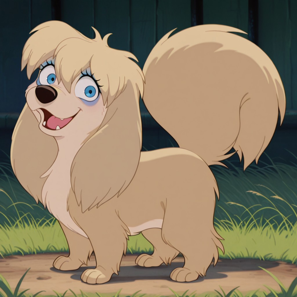 peg, female, dog, disney, blonde fur, long ears, light blonde belly, blue eyes, blue eyeshadow, bangs, hair tuft BREAK score_9, score_8, score_7, no humans, (((full body))), standing, solo, female, feral, hight definition, hyper detailed, best quality, amazing quality, 1girl, cute, cute smile, cute pose, 8k, masterpiece, looking at viewer BREAK standing, happy, friendly, adorable, expressive eyes, sweet, smiling, open mouth, open eyes, (((in grassy meadow))), (((daylight)))