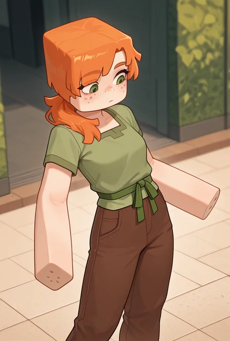 <lora:alexmc-05:1> alexmc, orange hair, 1girl, solo, green eyes, long green shirt, brown pants, short sleeves, freckles, square arms, square body, green waist ribbon, dynamic pose,, masterpiece, best quality, amazing quality, very aesthetic, absurdres, newest,
