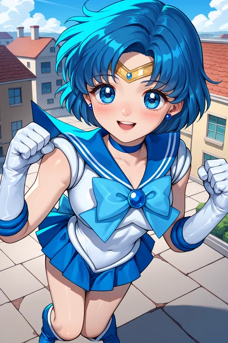 score_9, score_8_up, score_7_up, score_6_up, source_anime, 1girl, solo, <lora:sailormercury-pdxl-nvwls-v1-000005:1> slrmc, blue hair, short hair, blue eyes, circlet, earrings, blue choker, brooch, white shirt, sleeveless, blue sailor collar, light blue bowtie, white leotard, elbow gloves, white gloves, blue skirt, blue boots, magical girl, full body, looking at you, happy, blush, hands up, clenched hands, blue sky, rooftop, from above